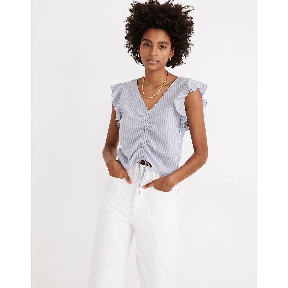 Madewell | Linen Blend Ruffle Sleeve Drawstring Crop Top in Stripe | Size 4